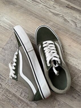 Vans Olive Green and White Low-Top Skate Sneakers